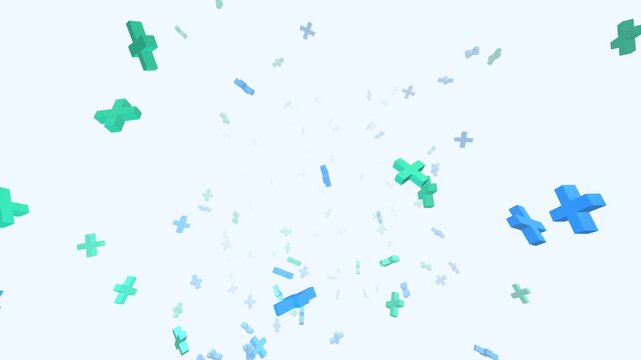Floating 3D Plus Signs
A seamless loop of 3D blue and green plus symbols drifting on a light background. Perfect for motion graphics, data analytics, or positive growth concepts