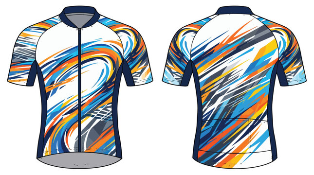 Cycling jersey apparel design template with abstract artistic brush strokes pattern.