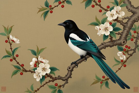 Black and white magpie bird with teal feathers sits on a tree branch with cream flowers and red berries. The background is a soft beige color.