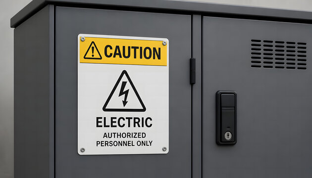 High voltage electrical box with yellow caution sign and authorized personnel only warning