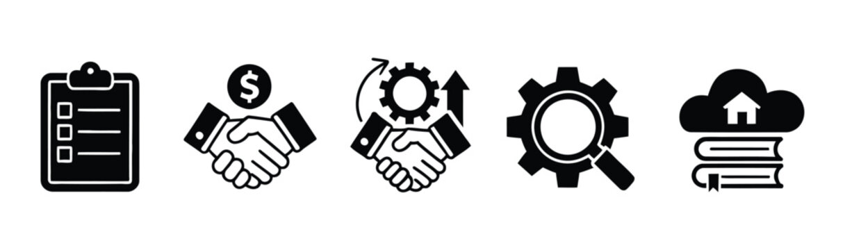 Business workflow and management icon set featuring checklist, partnership, quality assurance, audit, cloud storage, and process optimization symbols, vector illustration for corporate governance, com