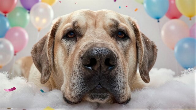 A happy dog surrounded by colorful balloons and fluffy clouds.