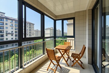 Fototapeta premium Enclosed balcony with wooden furniture offers city views. This compact space features large windows, tiled walls and floor. Enjoy natural light and an urban outlook.