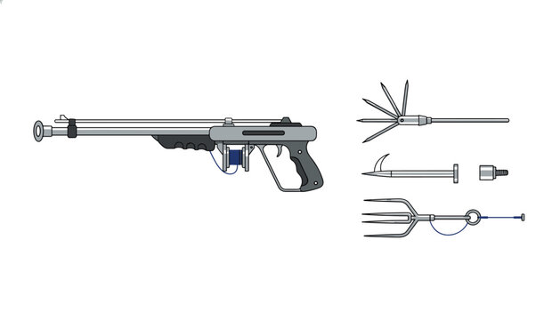 Professional speargun for underwater fishing along with different harpoon tips and hooks on a plain white background.