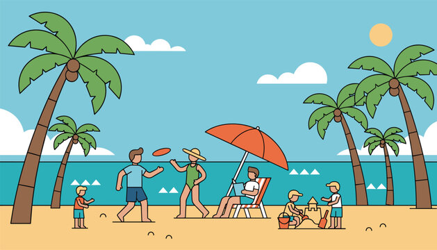 Happy family enjoying a sunny day at the tropical beach with palm trees frisbee sandcastles and complete relaxation.