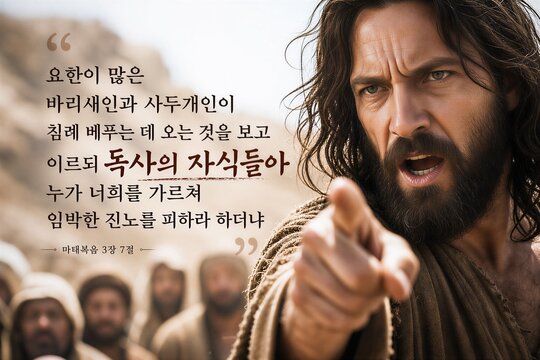 John the Baptist's Stern Rebuke: Brood of Vipers and Coming Wrath from Matthew 3:7 Scripture Poster with Korean Text.