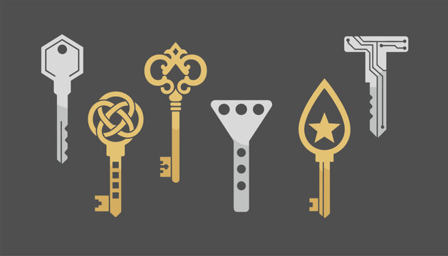 Assorted key designs featuring various styles including vintage ornate, modern geometric, and futuristic digital patterns on a gray background.