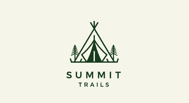 Minimalist Outdoor Camping Logo with Teepee Tent and Pine Trees Silhouette