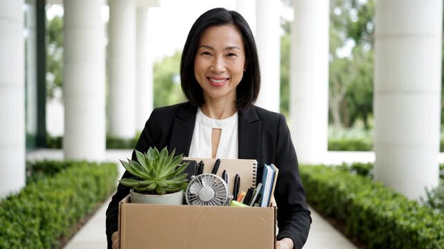 Smiling Asian Businesswoman Walking Out of Office with Box of Personal Belongings