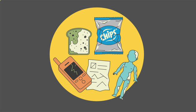 Collection of discarded items like moldy bread, a chips bag, a broken phone, paper, and a torn doll inside a large yellow circle.