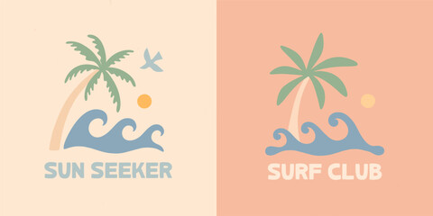 Coastal summer prints with palm trees,ocean waves,sun and bird.Retro surf aesthetic with vintage pastel colors.Tropical beach illustrations for resort branding,apparel design,stickers,t-shirts logo © Xenia Artwork 