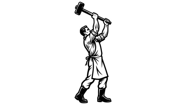 Black and white vintage illustration of industrial worker swinging sledgehammer representing hard manual labor, stock vector