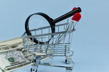 Shopping cart holds magnifying glass above stacked bills © Nazir