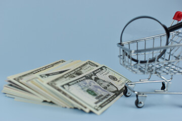 Shopping cart holds magnifying glass above stacked bills © Nazir