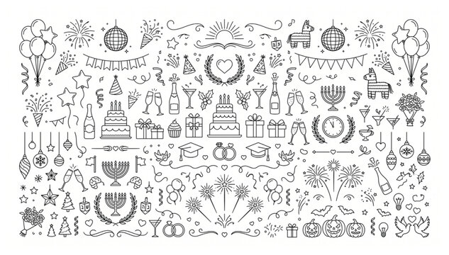 Diverse holiday and seasonal celebration icons for event planning with celebration seasonal ceremony graduation religion halloween hanukkah graphics elements collection champagne