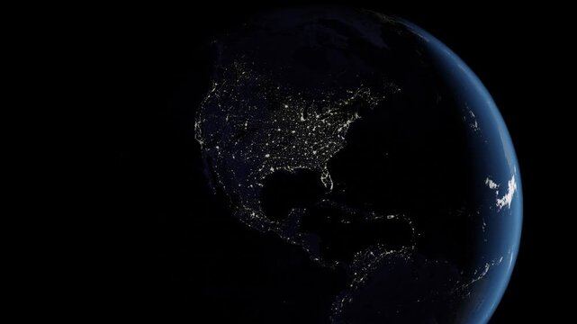 North American and Canda from Space at night, city nightlights. Slow Zoom into a slowly rotating plane Earth.