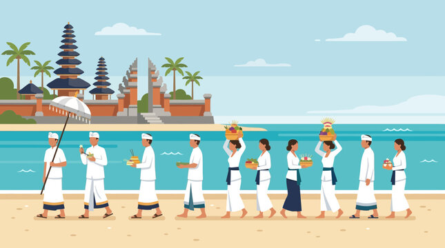A tranquil flat design illustration depicting a Balinese Melasti purification ceremony, with devotees and priests gathered by the ocean, engaged in sacred rituals.