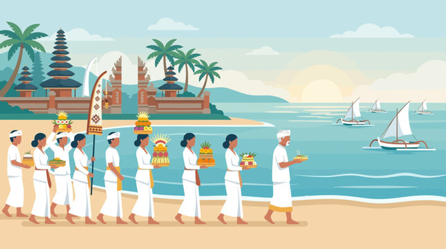 A tranquil flat design illustration depicting a Balinese Melasti purification ceremony, with devotees and priests gathered by the ocean, engaged in sacred rituals.