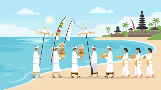 A tranquil flat design illustration depicting a Balinese Melasti purification ceremony, with devotees and priests gathered by the ocean, engaged in sacred rituals.