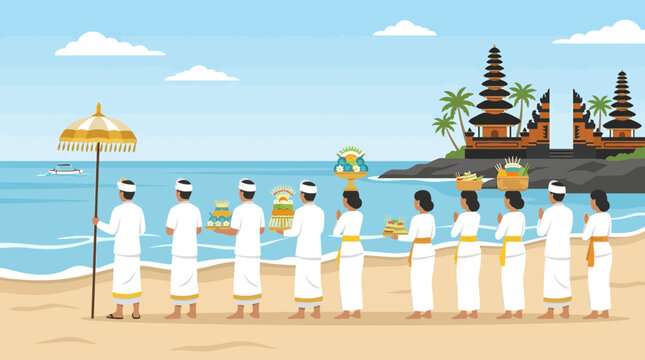 A tranquil flat design illustration depicting a Balinese Melasti purification ceremony, with devotees and priests gathered by the ocean, engaged in sacred rituals.