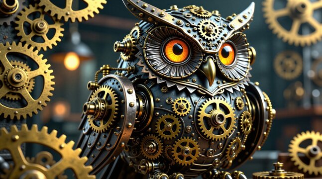Ornate steampunk owl automaton with glowing orange eyes made of brass gears and metal parts. Detailed clockwork bird sculpture sits on a workshop table.