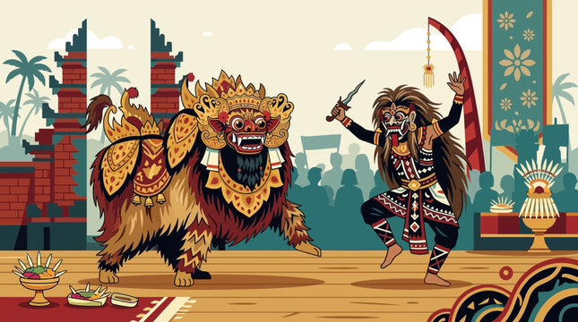 This dramatic flat design illustration captures a powerful Balinese Barong dance performance, featuring two dancers embodying the mythical lion-like creature in ornate costumes.