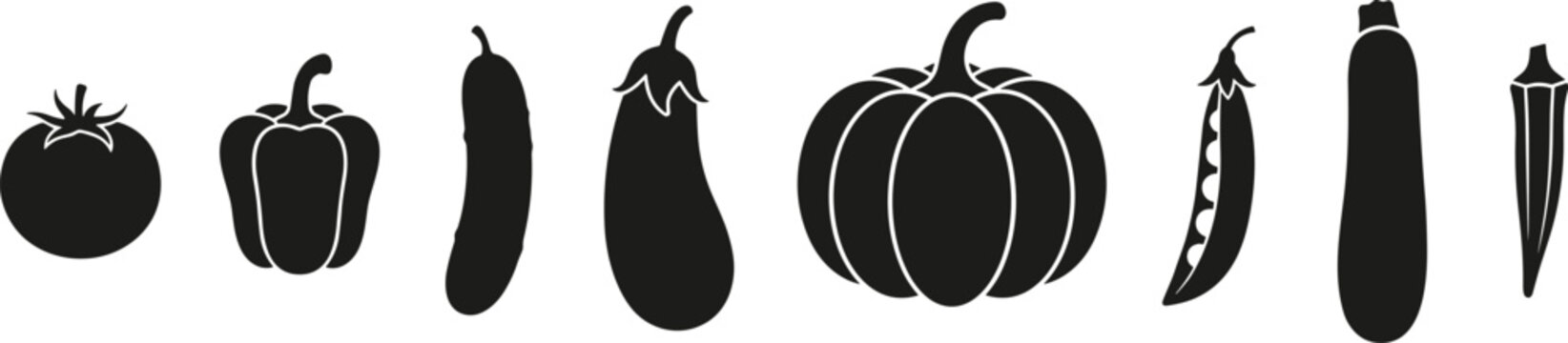 Black silhouette icons of vegetables including tomato, bell pepper, cucumber, eggplant, pumpkin, pea pod, zucchini, and okra isolated on white background