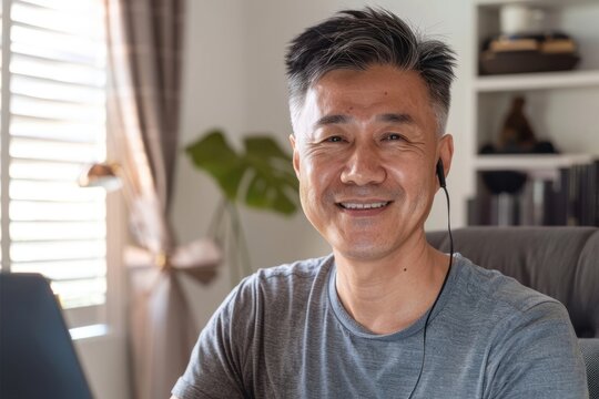 Smiling man with earphones indoors