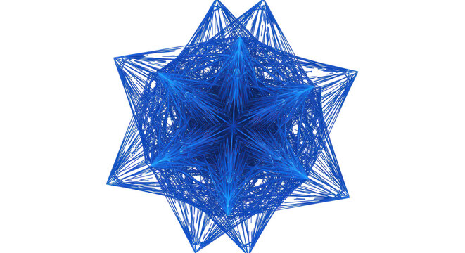 Vibrant tech blue geometric stellated polyhedron sculpture, composed of parallel ultra-fine lines, isolated on white high-key background, precise generative art. Concept of rapid data flow