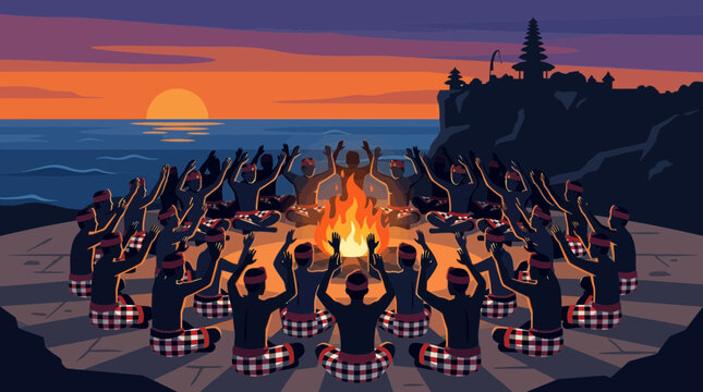A mesmerizing flat design illustration depicting a Balinese Kecak fire dance performance at sunset, with a circle of male dancers around a central fire.