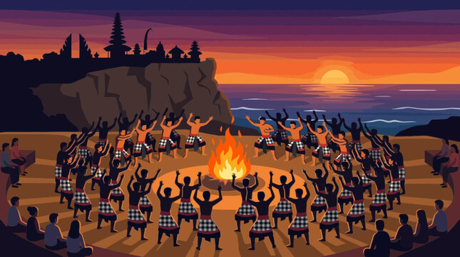 A mesmerizing flat design illustration depicting a Balinese Kecak fire dance performance at sunset, with a circle of male dancers around a central fire.