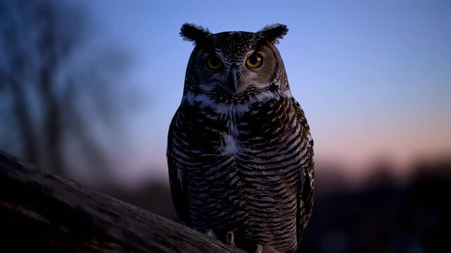 A large owl perches on a tree branch at dusk, looking directly at the camera with its distinctive ear tufts visible.