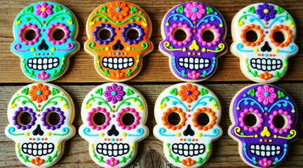 Fototapeta premium Colorful sugar cookies shaped like skulls for Day of Dead. These festive treats are decorated with bright icing patterns, flowers. They are traditional Mexican baked good for remembrance, celebration.