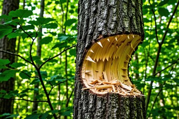 Fototapeta premium Close up of beaver gnawed tree trunk in forest. Sharp teeth marks scar bark revealing wood. Wood chips rubbish forest floor. Animal activity alters woodland habitat.