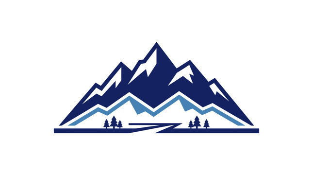 Blue mountain logo with path and pine tree accents.