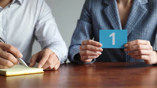 Two business professionals collaborating at a table: one writes notes while the other holds up a blue card with number 1