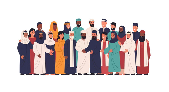 Diverse group of Muslim men and women standing together wearing traditional clothing.