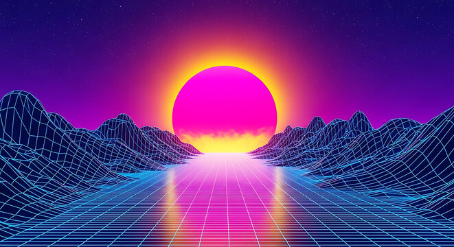 Retrowave 80s style neon sun setting over digital grid landscape with retrowave synthwave eighties landscape abstract mountain electronic nostalgia cyberpunk technology