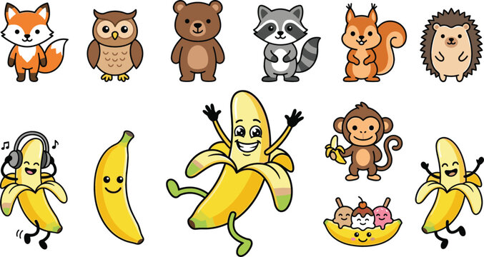 Cute cartoon woodland animals and happy banana mascot vector character set featuring woodland creatures monkey and banana dessert