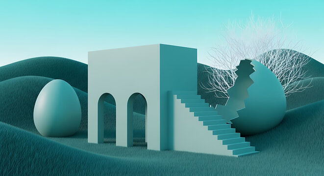 Surreal landscape with minimalist white architecture and giant eggs in a grass field minimalist architecture landscape abstract building sculpture geometric daylight