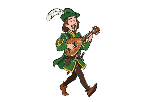 Medieval minstrel or bard cartoon character vector illustration playing lute string instrument isolated on white background