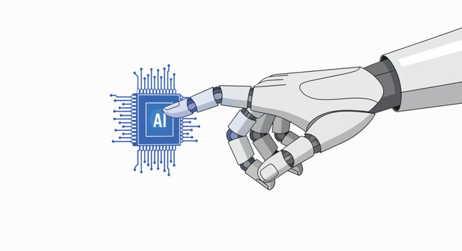 Robotic hand interacts with AI microchip in technological environment