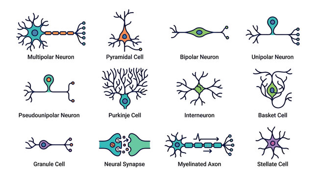 Types of Neurons and Neural Synapse Illustration