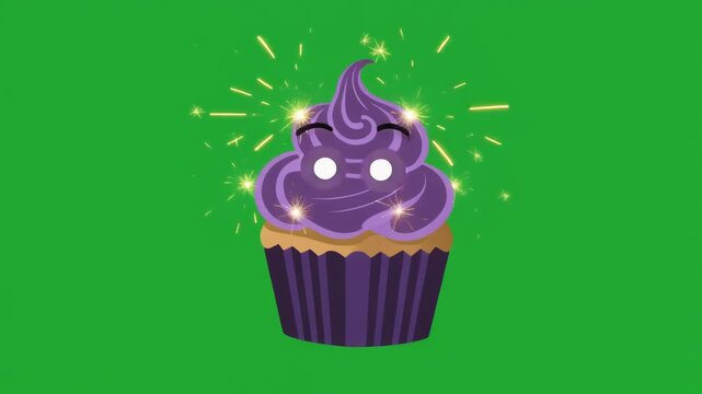 Cute cartoon cupcake character with purple frosting and sparkling magical effects isolated on a green screen chroma key background.