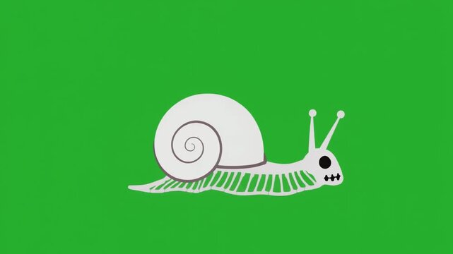 Stylized illustration of a snail with a skeletal body isolated on a green screen chroma key background.