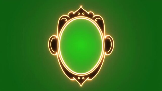 An ornate glowing golden mirror frame isolated on a green screen chroma key background.