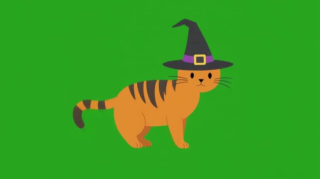 Cute orange tabby cat wearing a black witch hat isolated on a green screen chroma key background.