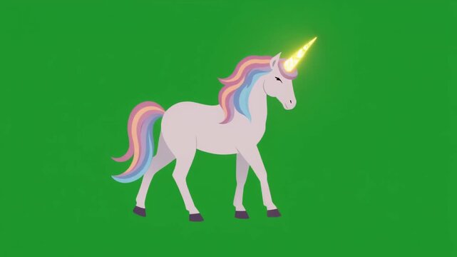 A magical unicorn with a colorful rainbow mane and glowing horn isolated on a green screen chroma key background.