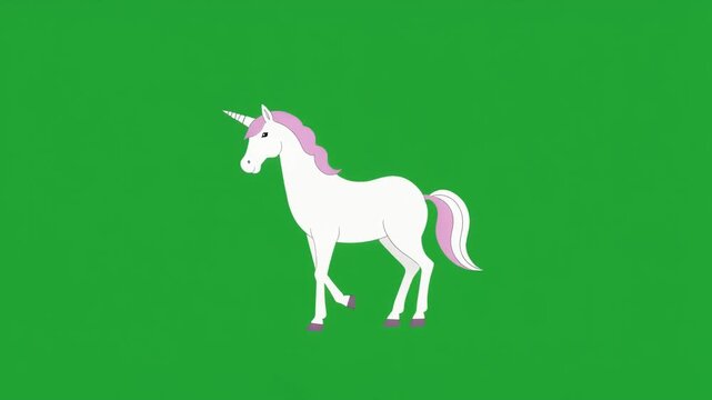 A cute white unicorn illustration isolated on a green screen chroma key background.