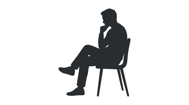 Silhouette of a man sitting on a chair, deep in thought, isolated on white background